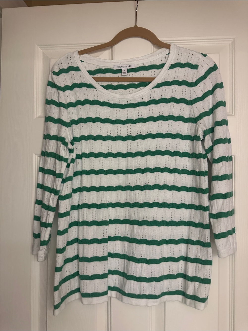 41 Hawthorn White Knit Top with Green Scalloped Stripes
